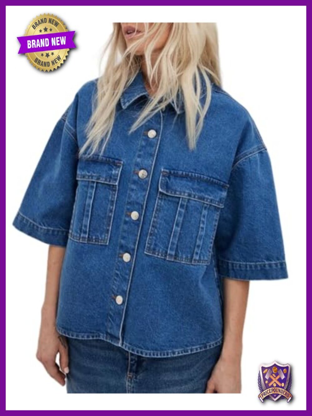Womens Oversized Button Down Denim Shirt Short Sleeve Cropped Jean Top